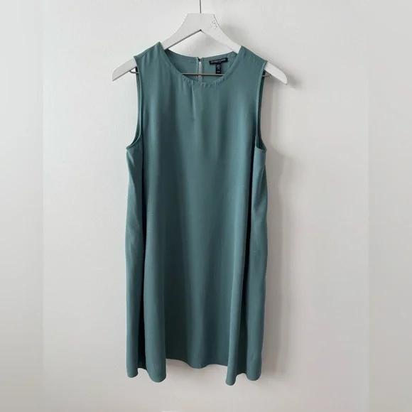 Eileen Fisher Silk Georgette Crepe Round Neck Dress Teal SP - Picture 6 of 9